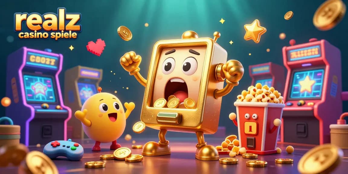 Entdecke aufregende realz casino spiele mit einem goldenen Spielautomaten, der Jackpot gewinnt.