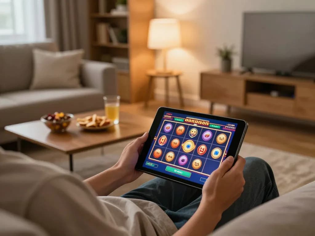 Playing slot gacor on a tablet in a cozy home setting with vibrant gameplay visible on screen.