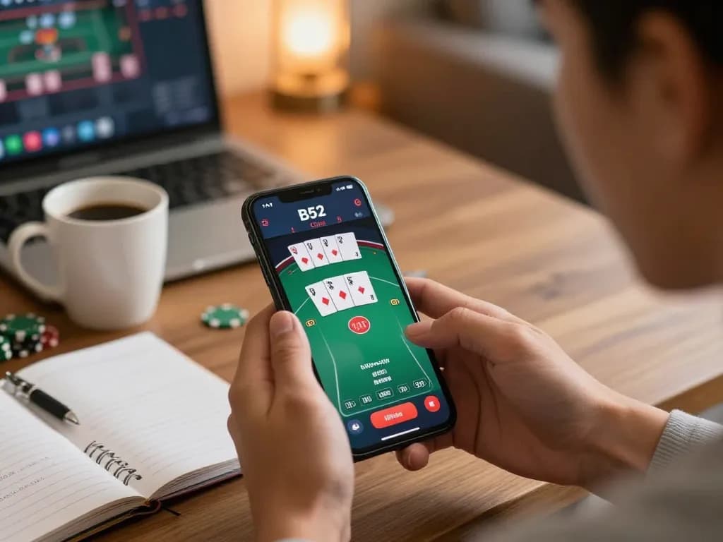 B52 club mobile app gameplay displayed on smartphone with player engaged in strategy.