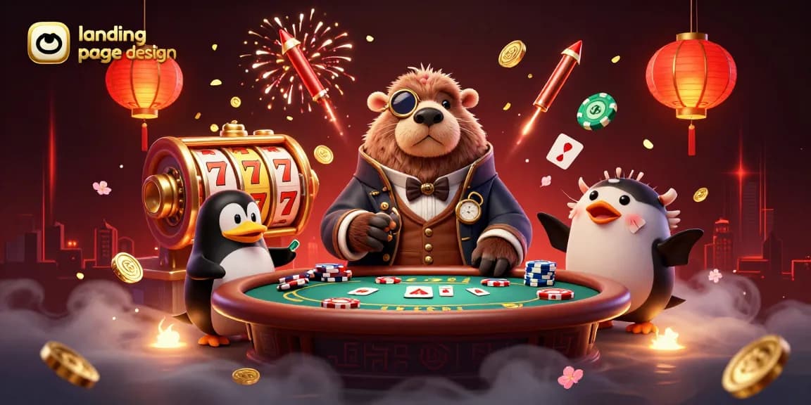 Experience captivating landing page design featuring a poker game with a walrus, penguin dealer, and pufferfish in a thrilling casino underwater scene.