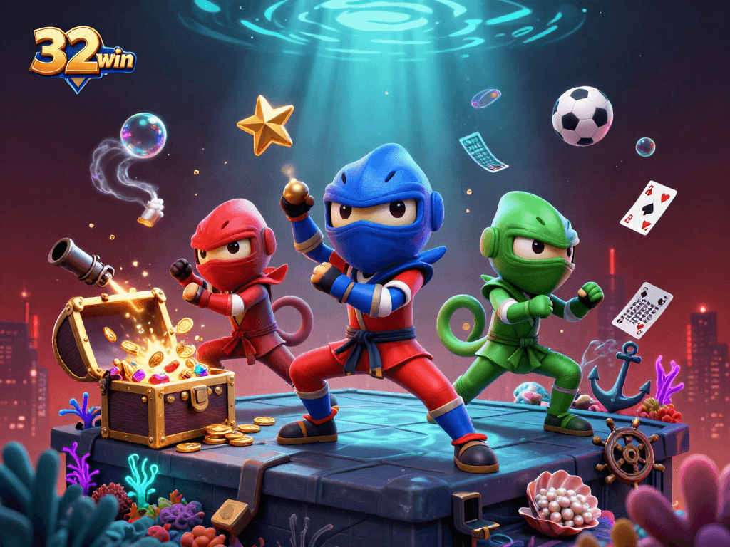 Engage in the thrill of sports betting with 32win's lively ninja chameleon scene and dynamic game elements.