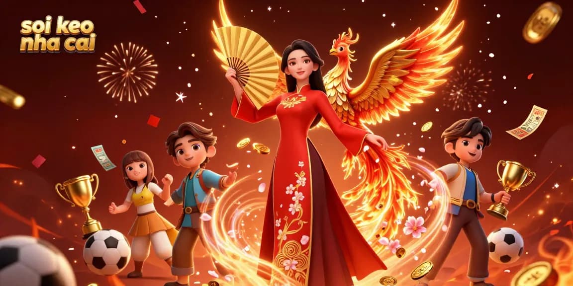 Soi keo nha cai showcases precision sports betting analysis, featuring the vibrant ao dai woman and phoenix in a dynamic scene.