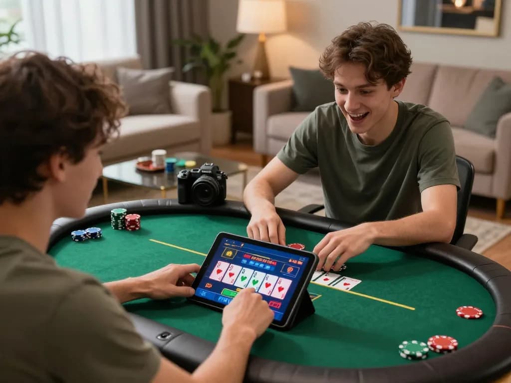 Excited user engaged in online poker at home, emphasizing strategic gameplay with a slot deposit 10000.
