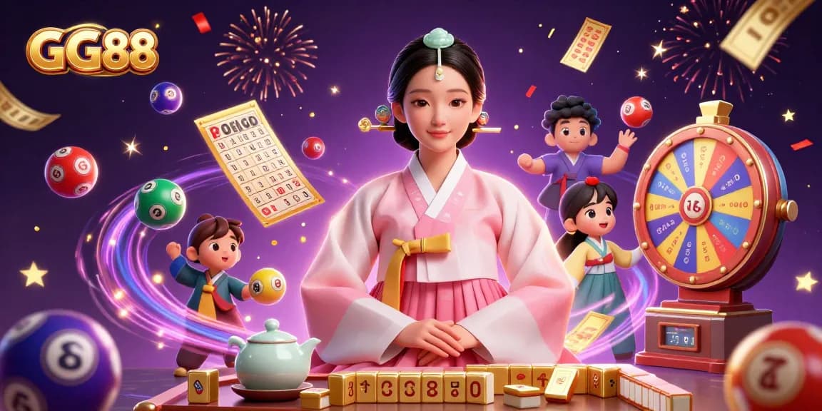 Experience the thrill of gaming with GG88, featuring a serene woman amidst vibrant lottery elements and golden prizes.