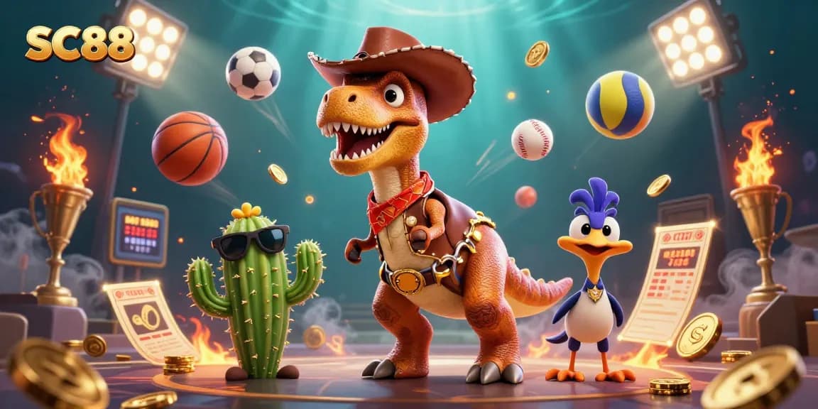 SC88 casino scene with a cowboy dinosaur and sports betting elements creating excitement.