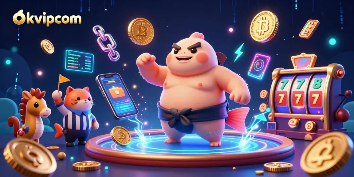 Experience thrilling gaming action with okvipcom, a vibrant underwater casino scene featuring a blowfish, catfish referee, and digital crypto elements.