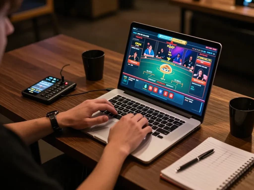 Engaging player enjoying rikvip online casino games on a stylish laptop.
