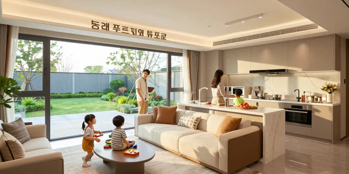 동래 푸르지오 에듀포레 아파트 내부에서 가족이 모델 하우스를 탐색하는 모습