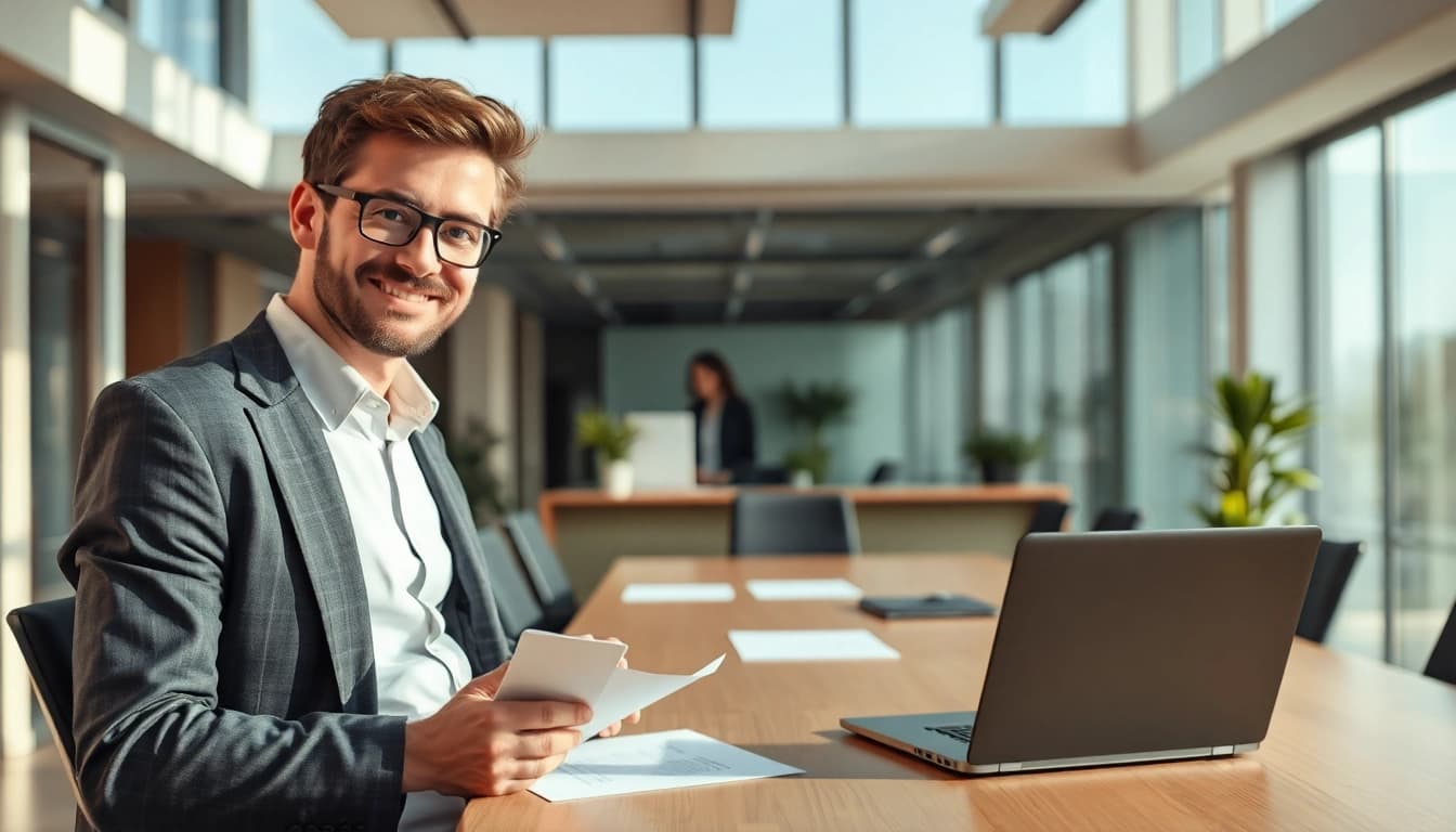 Professioneller Personalvermittlung-Experte überprüft Bewerbungsunterlagen in einem modernen Büro.