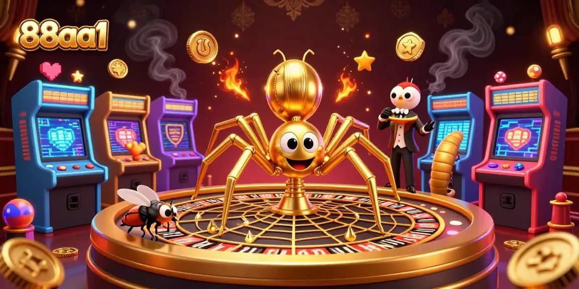 Experience thrilling bets with 88aa1 as the golden spider spins a roulette web in a colorful casino scene.