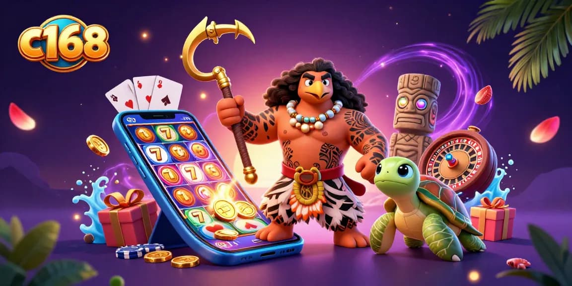 c168 showcases thrilling slot games and jackpots with Polynesian characters in a vibrant casino setting.