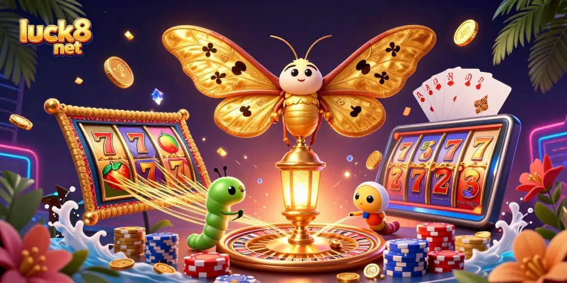 Experience luck8 net with vibrant 3D casino scene featuring golden slot reels and dazzling gem stones.