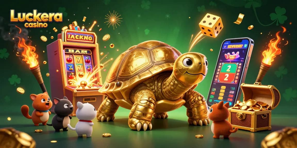 Spielen im Luckera Casino mit einer goldenen Schildkröte als Spielautomaten-Attraktion.