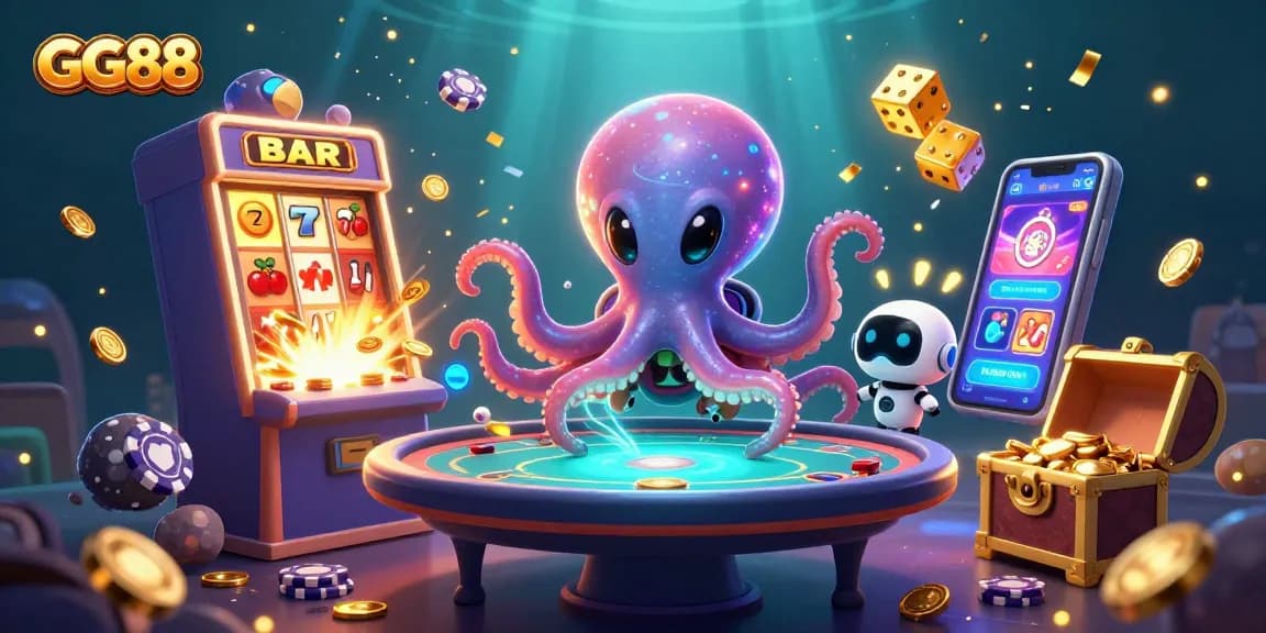 Engage with GG88’s thrilling universe as a whimsical alien octopus controls poker fun in this vibrant casino scene.