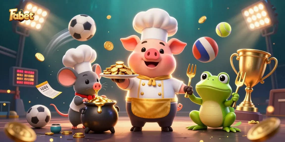 Experience exhilarating gaming with Fabet's vibrant scene showcasing a chef pig and dynamic sports elements