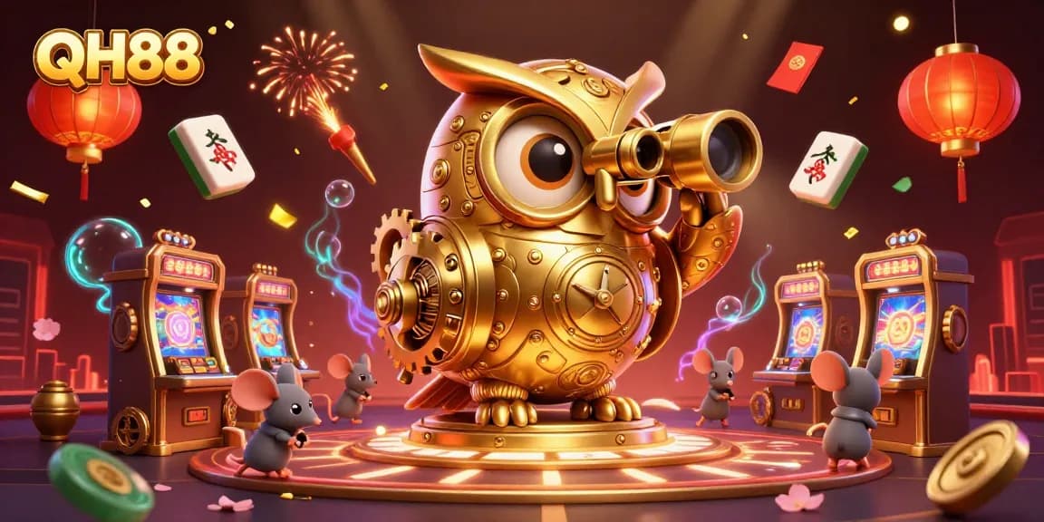 Experience thrilling gameplay at QH88 with a vibrant casino scene featuring an animated golden owl.