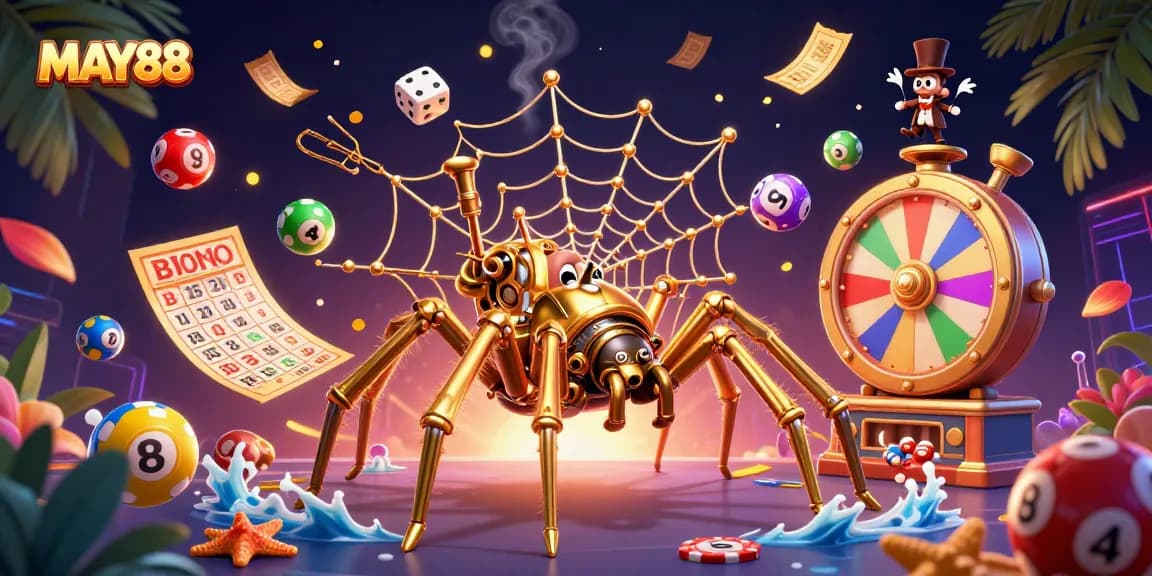 MAY88 brings excitement with a dynamic steampunk spider webbing luck through golden chains and vibrant casino elements