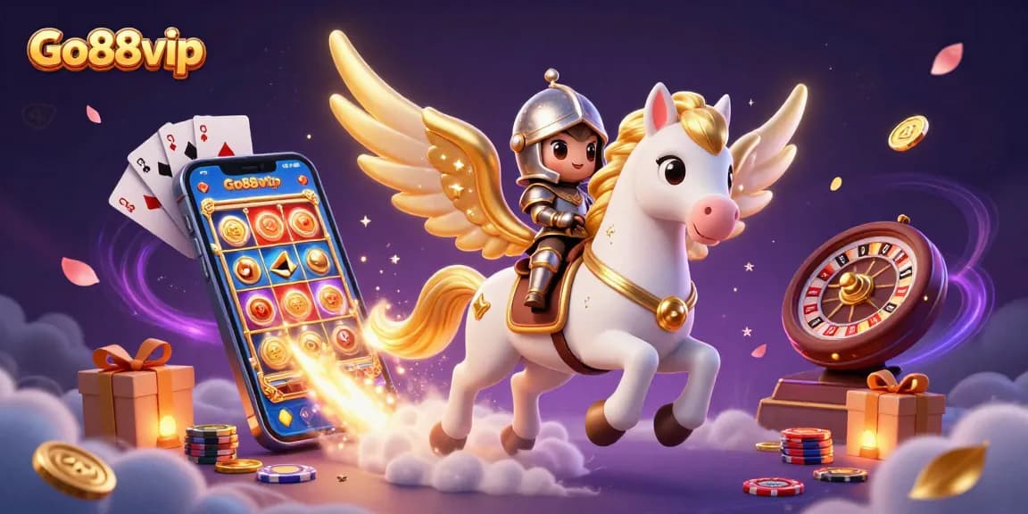 Win exciting games at Go88vip with a captivating scene of a knight on a celestial horse amidst vibrant slot game elements.
