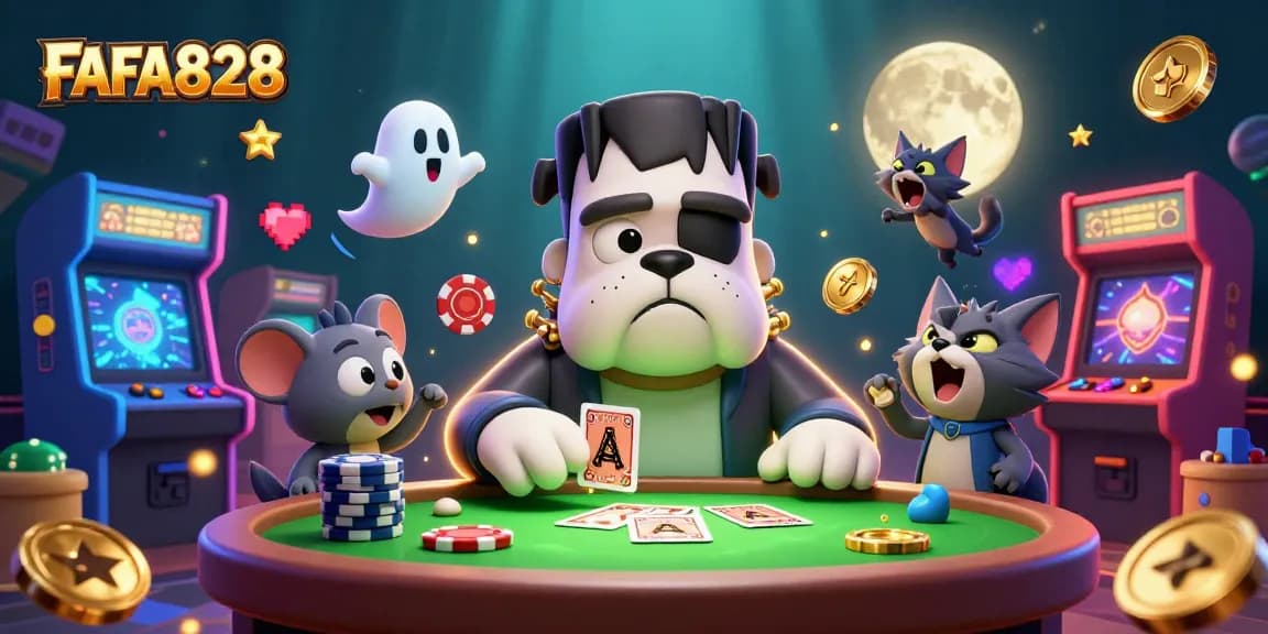 FAFA828 showcases a vibrant 3D scene with a dog dealer and casino elements for an engaging gaming experience.