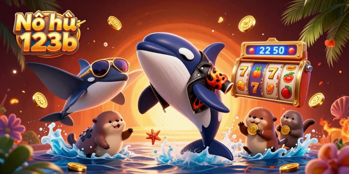 Nổ hũ 123b showcases an exciting slot gaming scene featuring a cartoon whale and otters winning big.