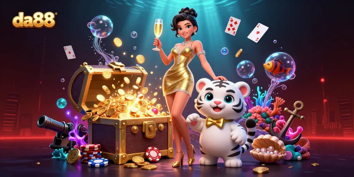 Experience thrilling wins at da88 with lively casino-themed illustration featuring poker chips and a lucky tiger cub.