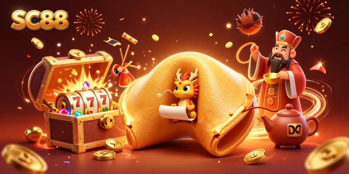 Experience SC88's golden fortune cookie fortune within a vibrant casino scene full of slot symbols.