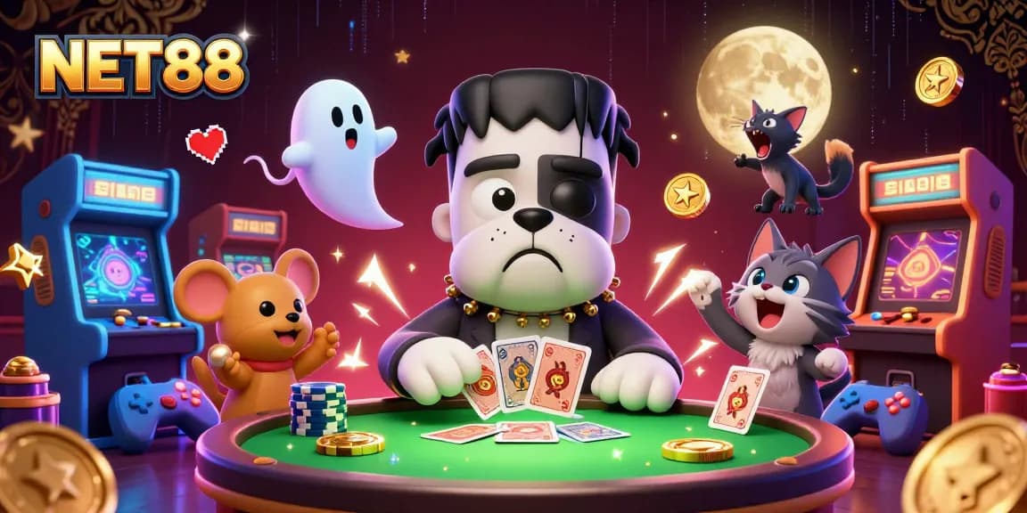 Experience thrilling moments with NET88 as a Frankenstein bulldog dealers cards at a spooky casino table.
