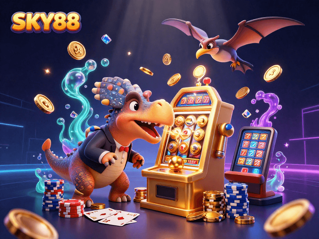 Experience the excitement of SKY88 as a pachycephalosaurus heads a golden slot machine, while coins rain down.