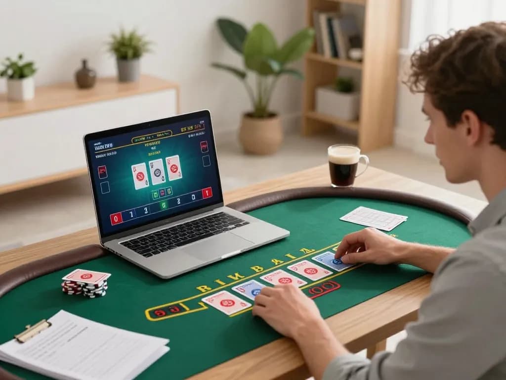Player strategizing at live baccarat via Nhà cái V9BET, emphasizing responsible gaming.