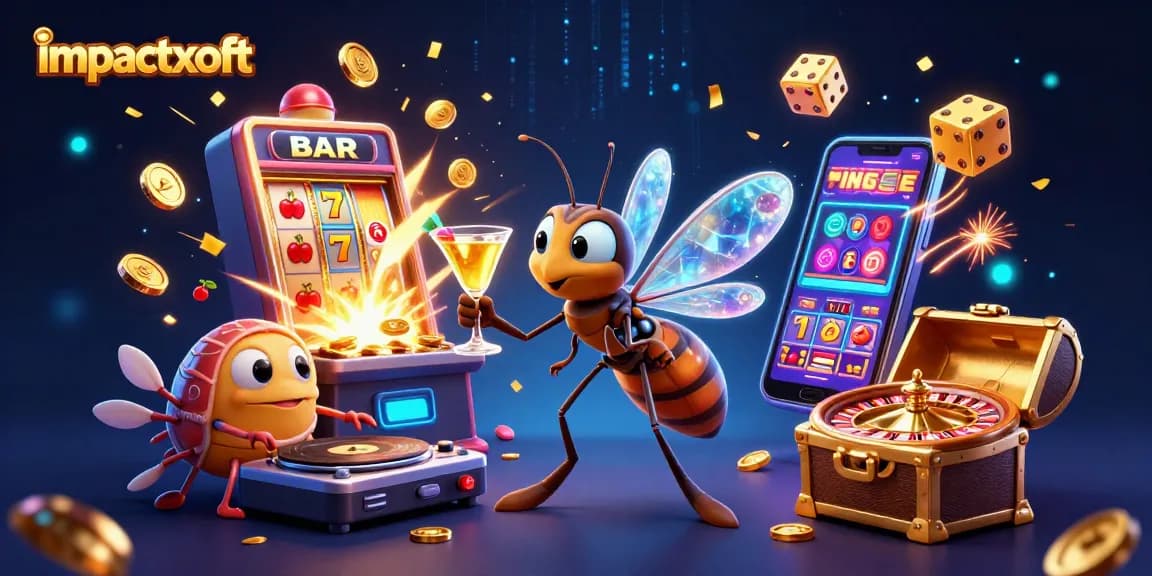 Impactxoft casino visual featuring a lively beetle mascot and trilobite DJ amidst vibrant gaming elements.