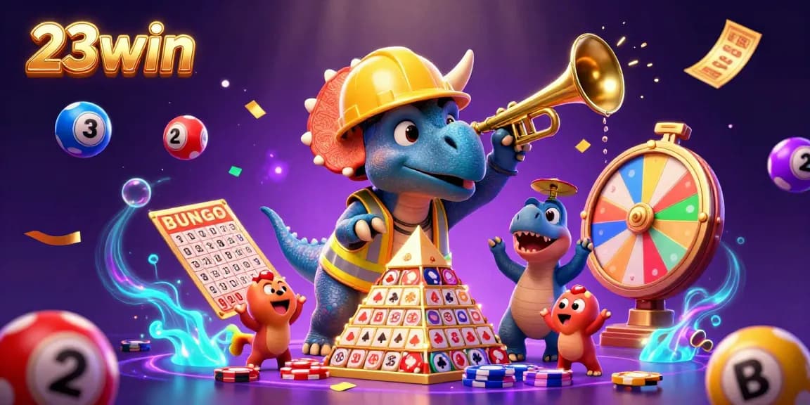 Playing exciting games at 23win with vibrant casino elements and joyful characters all around.