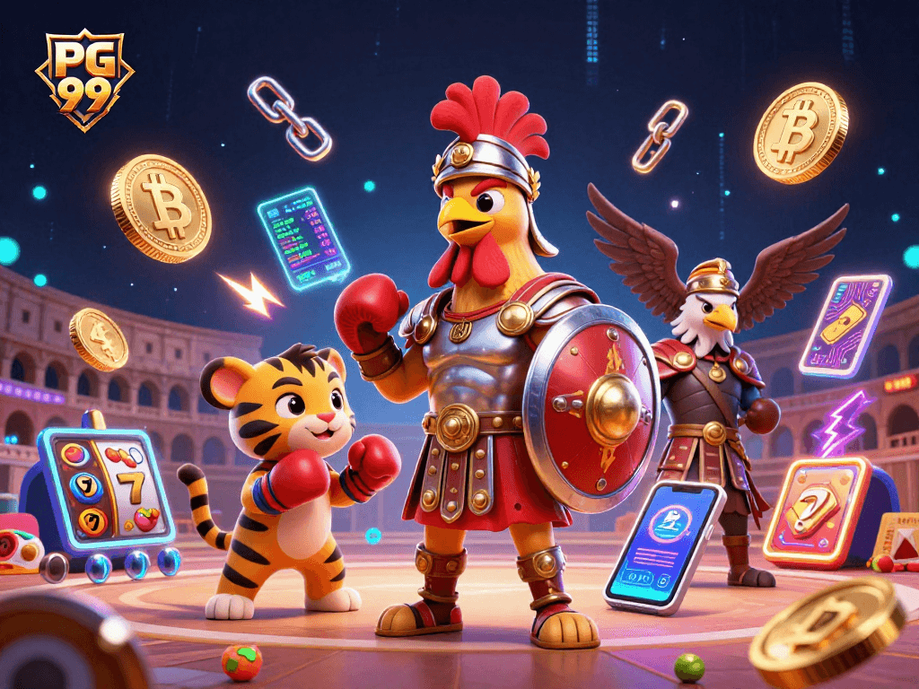 Engage in thrilling gaming experiences at PG 99 with vibrant, illustrated characters.