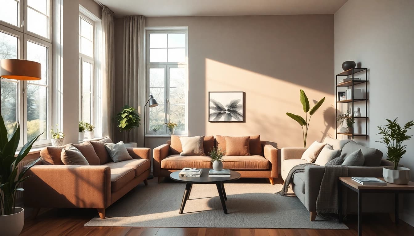 Harmonische Raumgestaltung mit modernem Sofa und natürlichen Lichtakzenten.