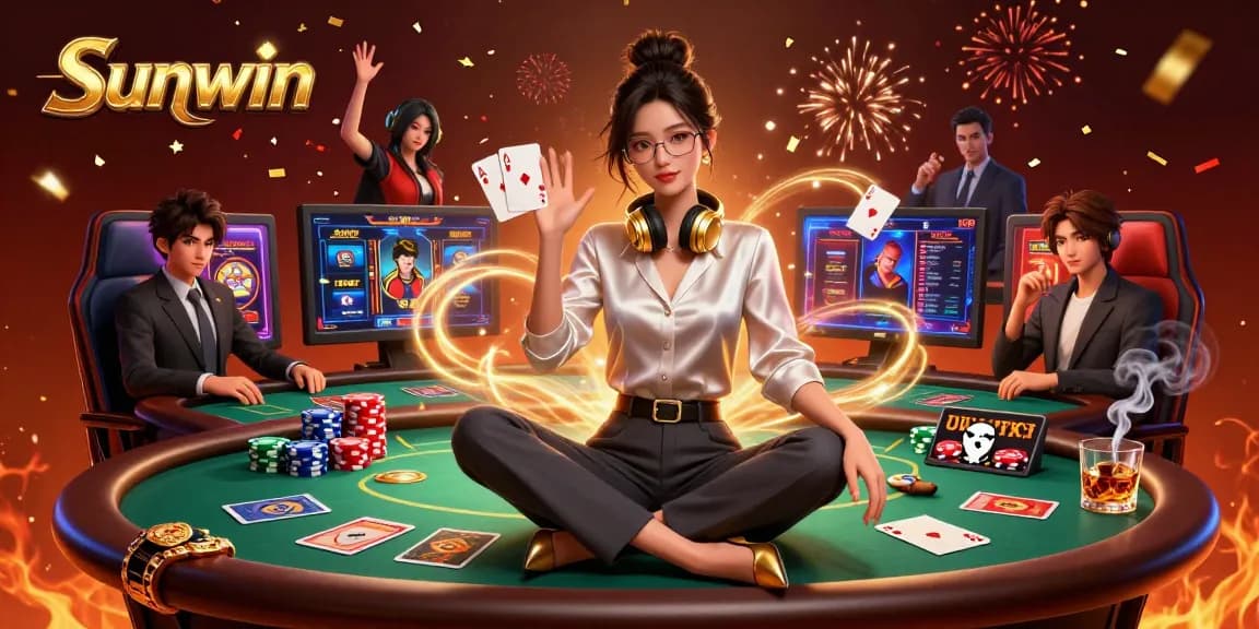 Engage with Sunwin's vibrant online gaming scene featuring dynamic slots, poker elements, and celebratory effects.