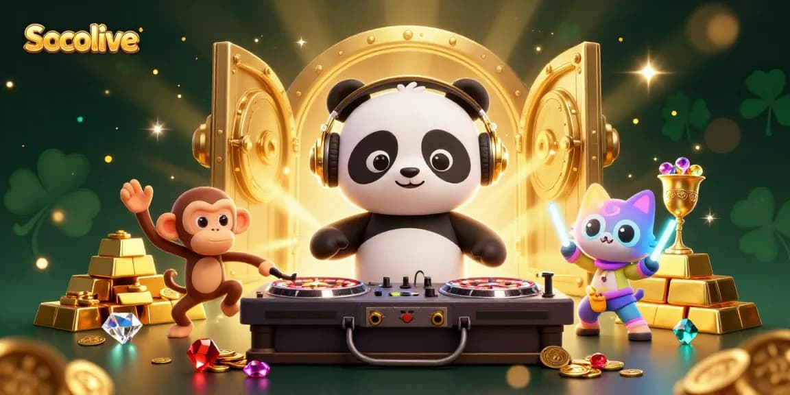 Socolive delivers engaging sports betting experiences with a colorful 3D panda DJ, a dancing monkey, and a kitten in an energetic casino setting
