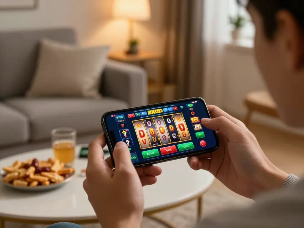 Engaging in RIKVIP mobile gaming, showcasing joyful interaction with casino app in cozy home.