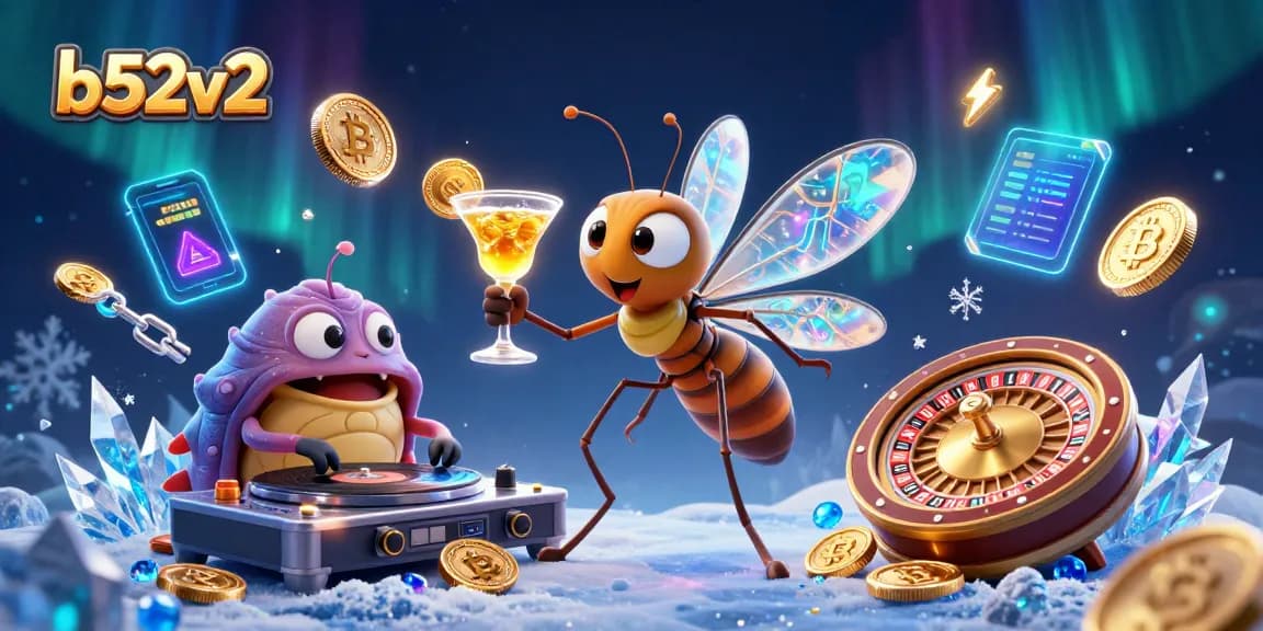 Experience the thrilling atmosphere of b52v2 with a cartoon mascot and vibrant casino elements.