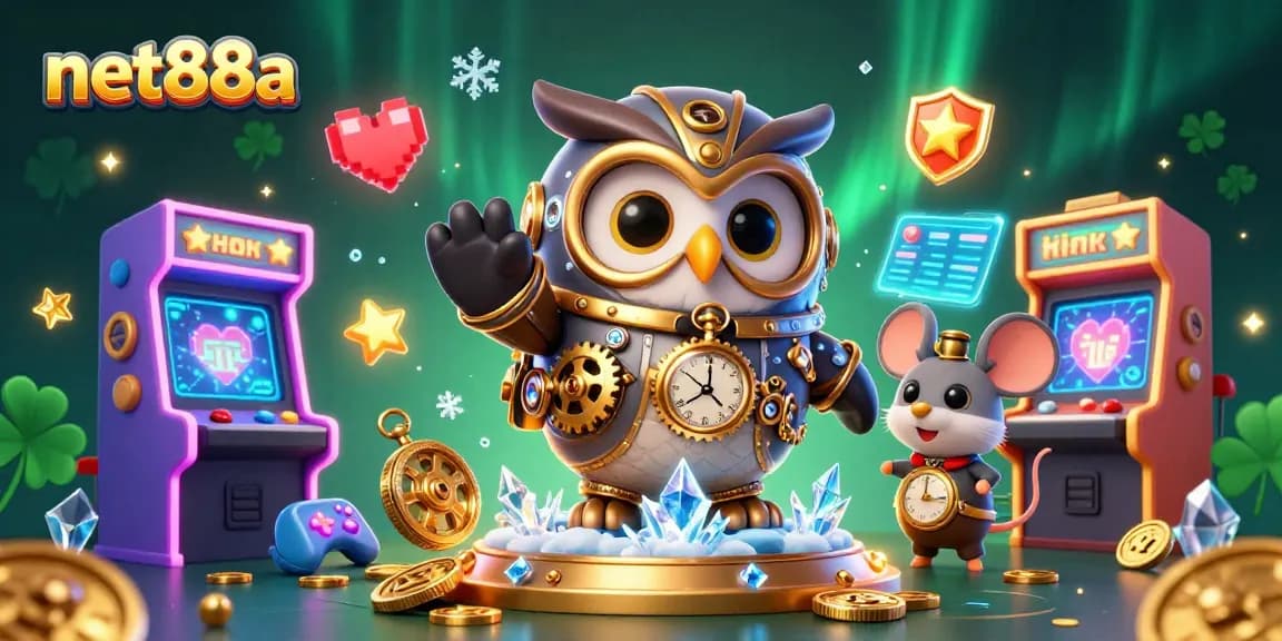 Experience thrilling games at net88a with a vibrant 3D casino scene featuring an owl and mouse in action.