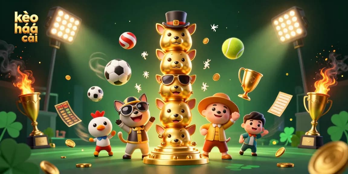 Place bets at kèo nhà cái with vibrant 3D sports elements and animated totem pole.