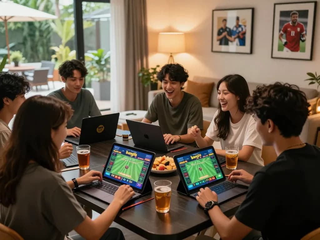 Group enjoying online gambling experience with bong99 betting platform, snacks, and modern decor.