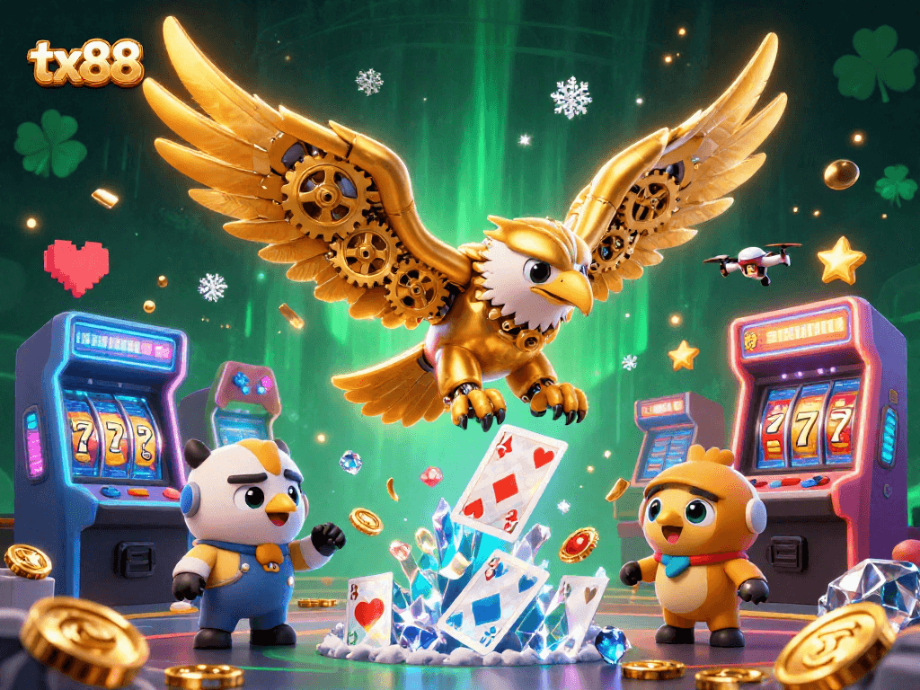 Win big with tx88 as a cybernetic eagle dives through holographic cards in a vibrant casino scene.