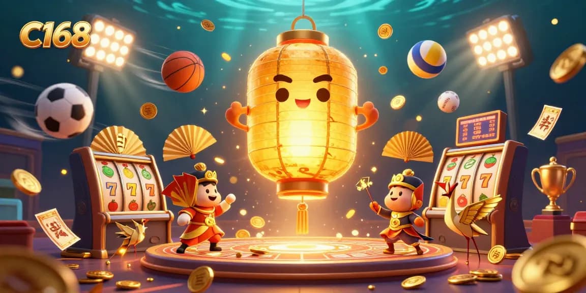 C168 showcases a golden lantern spirit illuminating a vibrant casino, surrounded by exciting gaming elements and sports balls.