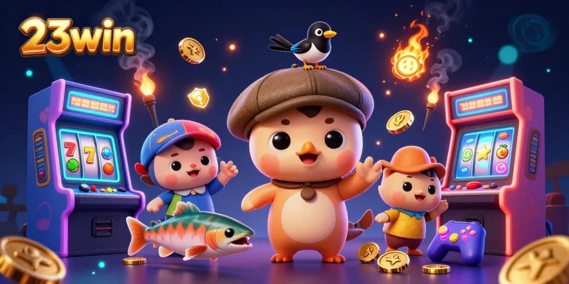 Engage in thrilling slots at 23win with a playful Nessie amidst colorful casino game highlights.