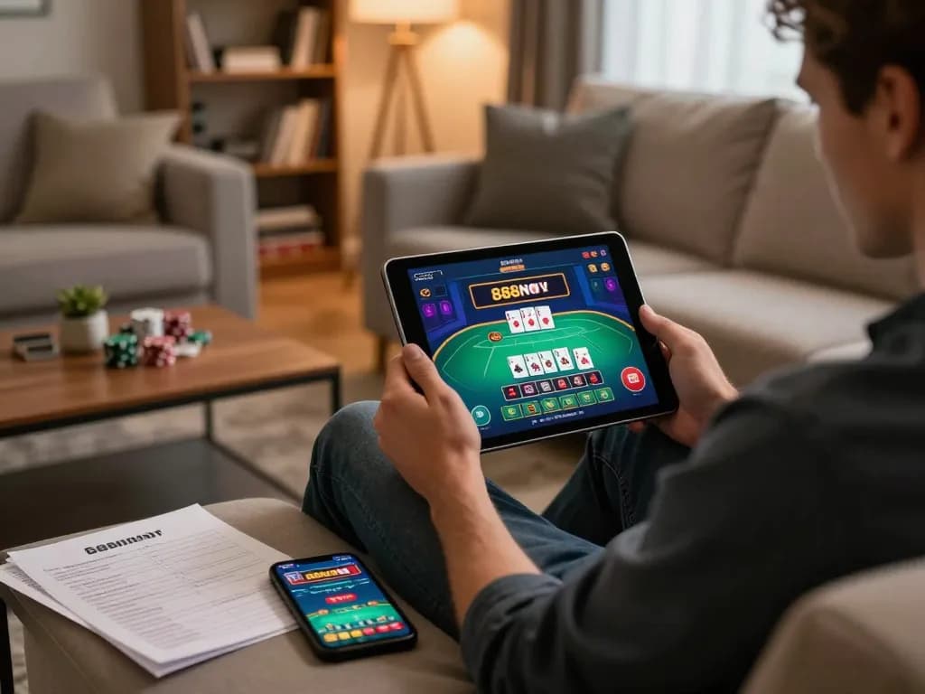 Player enjoying the 888now casino app on a tablet in a cozy living room during a gaming session.