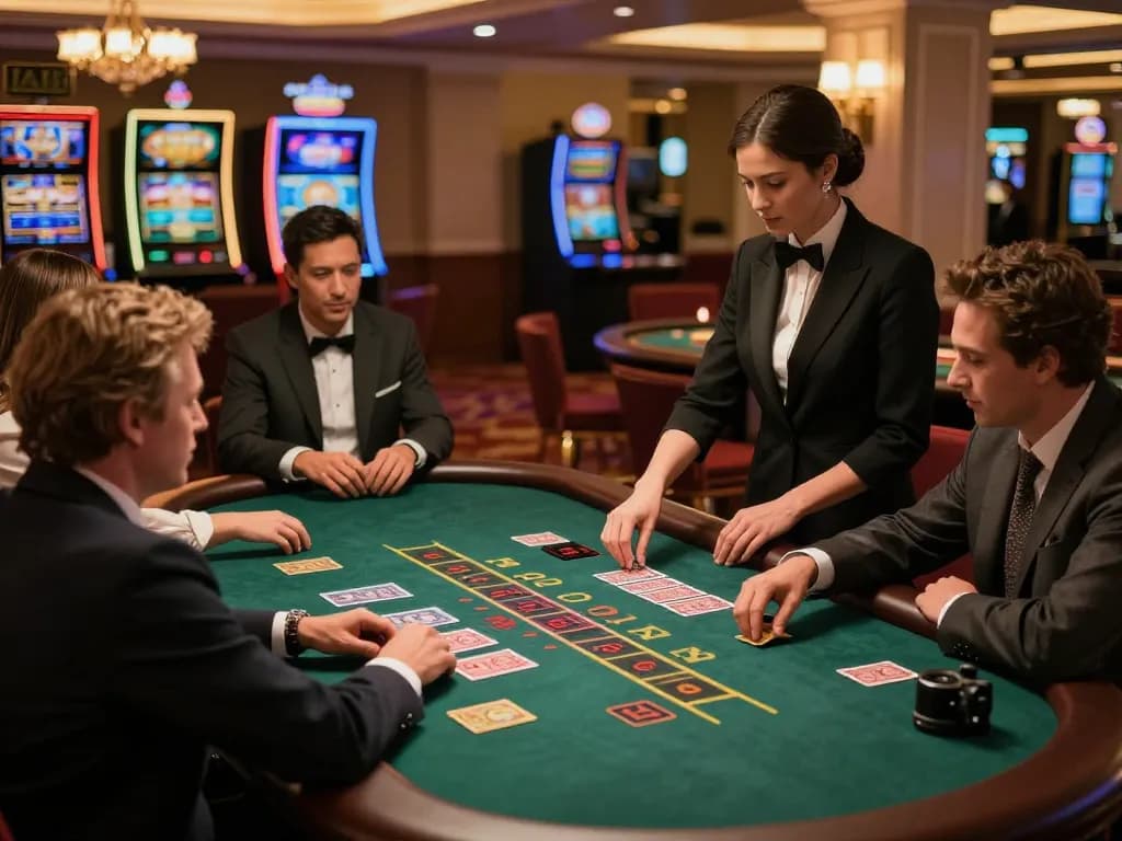 BL555 players strategically placing bets at a live dealer blackjack table in a luxurious casino.
