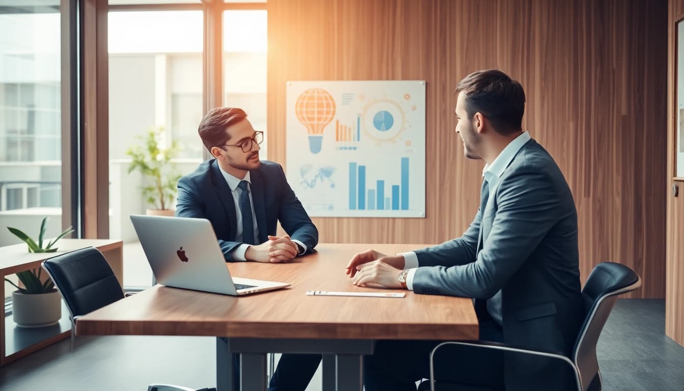 Headhunter Ingenieure in einem modernen Büro im Gespräch mit einem Kandidaten, professionell und einladend.