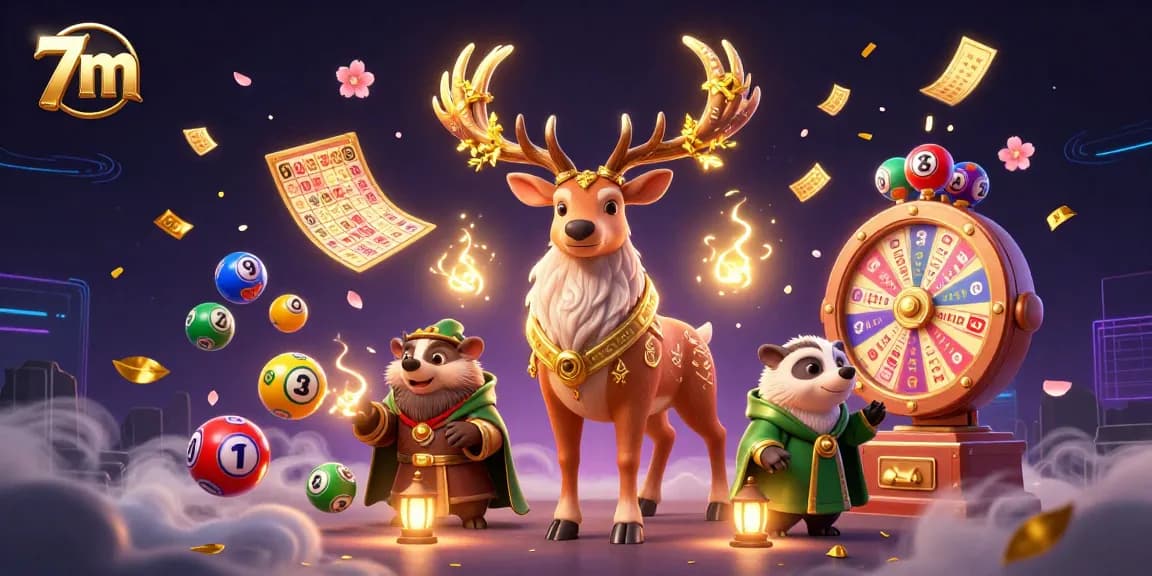 Experience dynamic 7m gaming energy with colorful lottery elements and mystical characters