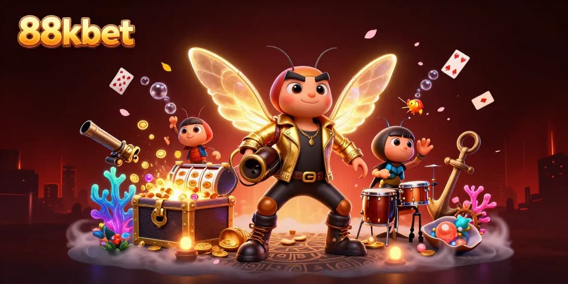 Play games at 88kbet and enjoy exciting slots and jackpots in a vibrant, dynamic illustration.