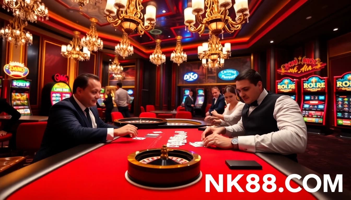 Engaged players enjoying high-stakes poker gameplay at NK88.COM casino, showcasing excitement and luxury.