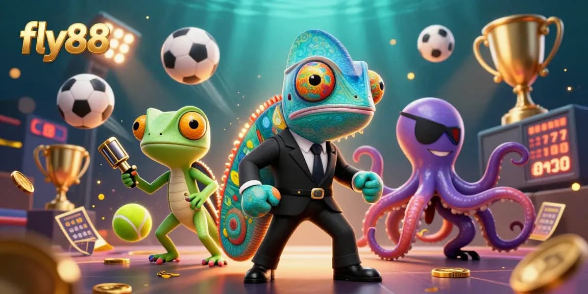 Engage with fly88's casino excitement as a chameleon agent and his tech-gecko friend take on thrilling sports betting!